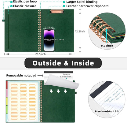 Ospelelf Leather Clipboard Folio with Notepad for Letter Size, Spiral Clipboard Folder with Storage Zipper Pouch, 5 Folders with 10 Pockets, 39 Divider Label Stickers, Pen Loop Series (Green)