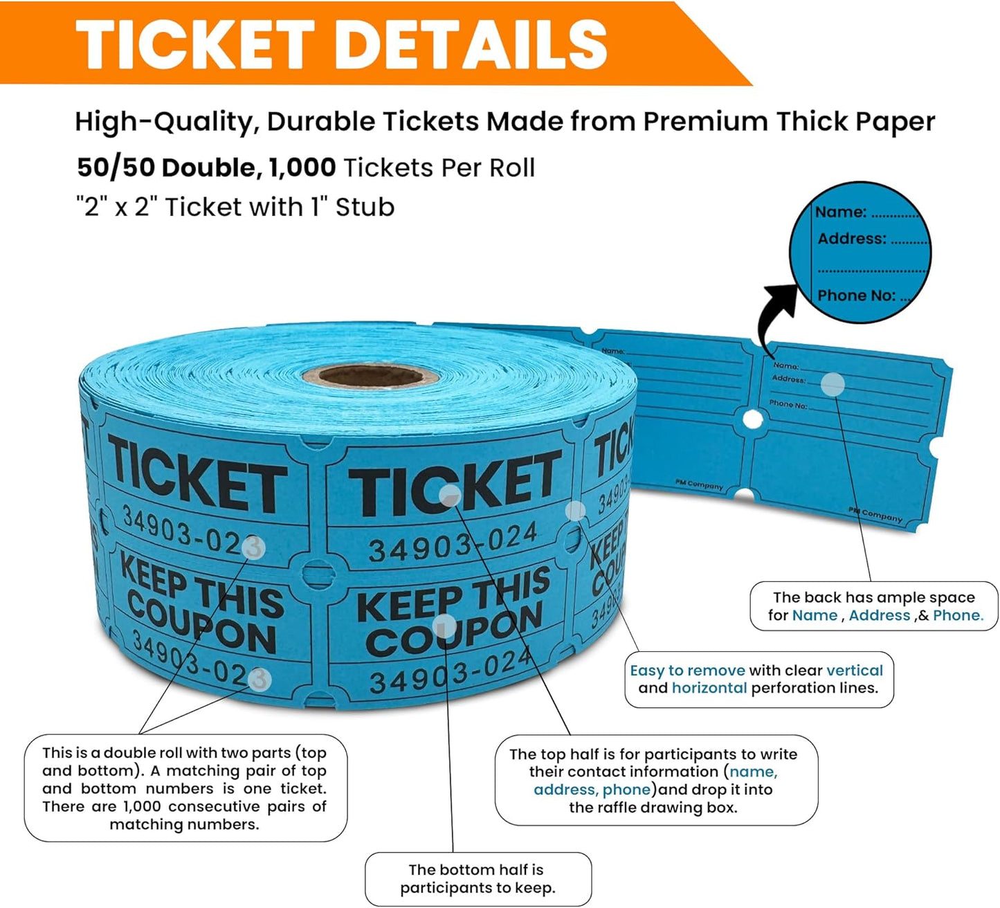 Pm Company 1000 Raffle Tickets Double Roll, 50/50 Blue Raffle Tickets for Events, Carnivals, Fundraisers, Classroom Rewards, and Prizes - Premium Quality
