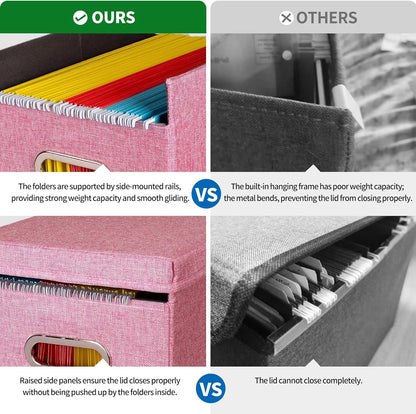 2 Pack Hanging File Folders Organizer with Lid, Letter Size Fabric File Storage Box Collapsible, Portable Office Document Holder with Metal Handle, Smooth PVC Rails, Pink