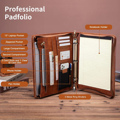 Personalized Genuine Leather Portfolio with 3 Ring Binder, Full Grain Leather Padfolio Zippered, A4 Notebook Holder Customized Professional Folder Organizer Gift for Men and Women, Oil Tanned