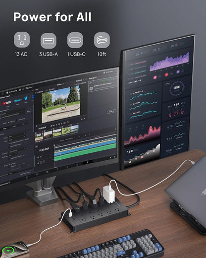 TROND Power Strip Surge Protector 10 ft Cord, 4000 Joules, ETL Listed, 13 Widely-Spaced Outlets Expansion with USB C Ports, Low-Profile Flat Plug, Wall Mount, Extension Cord, 14AWG Heavy Duty, Black