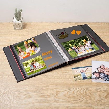 Large Photo Album Self Adhesive 4x6 8x10 10x12 13"x12.6" Scrapbook Album 12.6"x11" Inch 60 Black Sticky Pages Linen Cover Magnetic Photo Album with A Metallic Pen and DIY Stickers(Black)