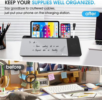 Varhomax Glass Desk Whiteboard with Wireless Charger, Desktop Organizer Dry Erase White Board with Storage, to Do List Memo Notepad for Home and Office Supplies (Black & Gray)