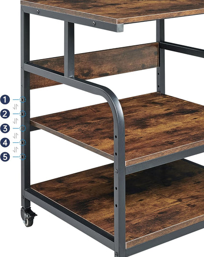 23.6" Deep Extra Large Printer Stand, 3 Tier Printer Table with Adjustable Storage Shelf, Rolling Printer Cart with Industrial Wheels for Home Office, Rustic Brown
