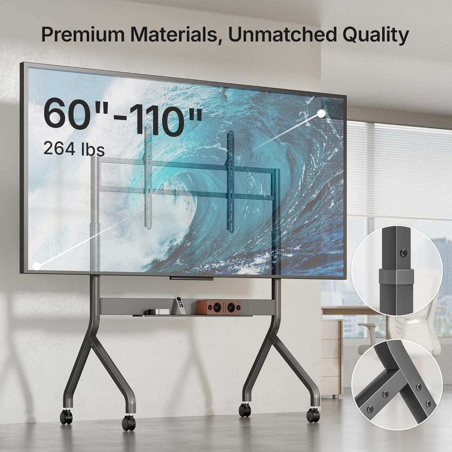 FortiLift Premium Manual Height Adjustable TV Cart for 60–110” Displays – Business-Class Rolling Stand with Crank Lift, VESA 1200×600, 264 lbs Capacity, Storage Shelf, Lockable Wheels