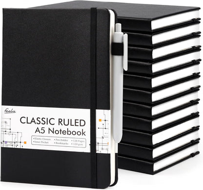 feela 12 Pack Notebooks Journals Bulk with 12 Black Pens, A5 Hardcover Notebook Classic Ruled Journal Set with Pen Holder for School Business Work Travel Writing, 120 GSM, 5.1”x8.3”, Black