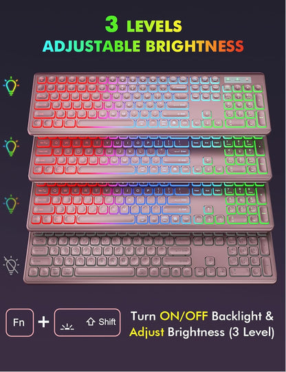 Wireless Keyboard and Mouse Combo - RGB Backlit, Rechargeable & Light Up Letters, Full-Size, Ergonomic Tilt Angle, Sleep Mode, 2.4GHz Quiet Keyboard Mouse for Mac, Windows, Laptop, PC, Trueque, Rose