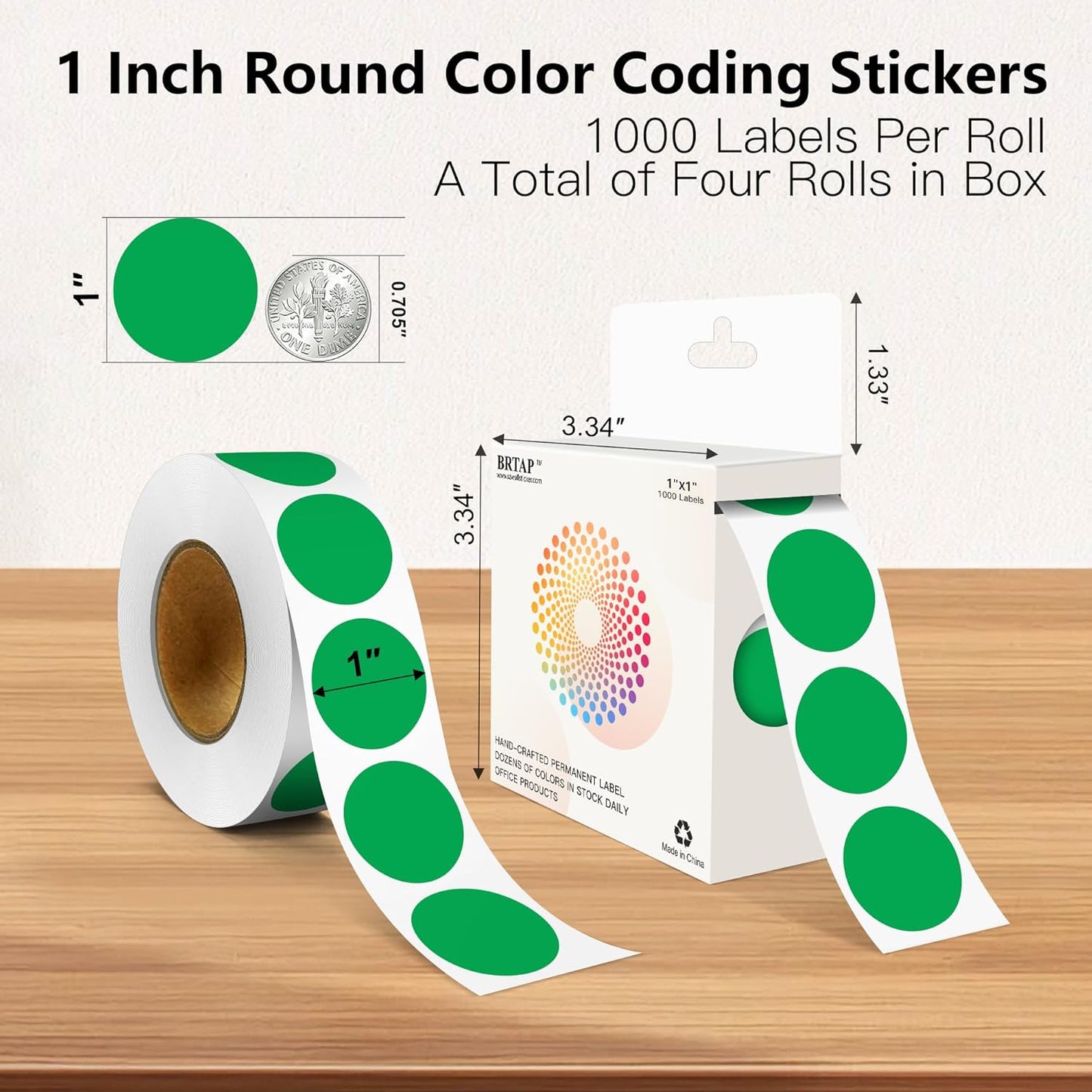 Green 1 Inch Round Color Coding Labels with 4000 Dots, 4 Rolls - Bright Color Dot Stickers for File Folders, Inventory System - Highly Visible