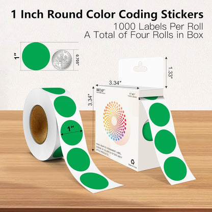 Green 1 Inch Round Color Coding Labels with 4000 Dots, 4 Rolls - Bright Color Dot Stickers for File Folders, Inventory System - Highly Visible
