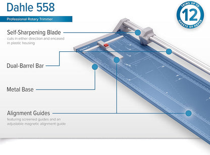 Dahle 558 Professional Rotary Trimmer, 51" Cut Length, 12 Sheet Capacity, Self-Sharpening, Dual Guide Bar, Automatic Clamp, German Engineered Paper Cutter