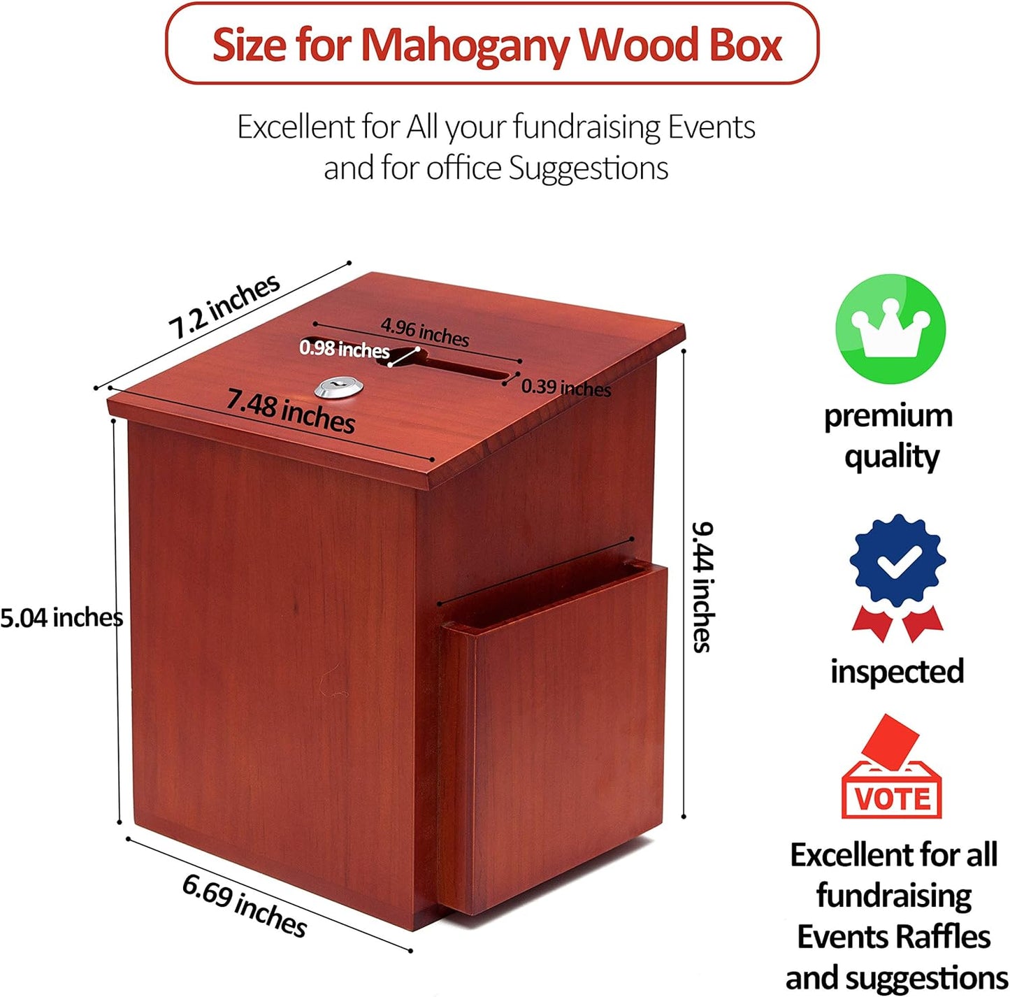 Wood Charity Donation collection Box Office suggestion Ballot Box With wide slot for envelopes and suggestion comment forms, side Pocket and Locking Hinged Lid & Pen for Table Or Counter-top(Mahogany)