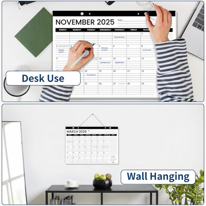 SUNEE Desk Calendar 2025-2026 17x12, 18 Months, JUL. 2025 - DEC. 2026, Academic Calendar 2025-2026, School Year Large Desktop Calendar Monthly for Teacher, Black with Note