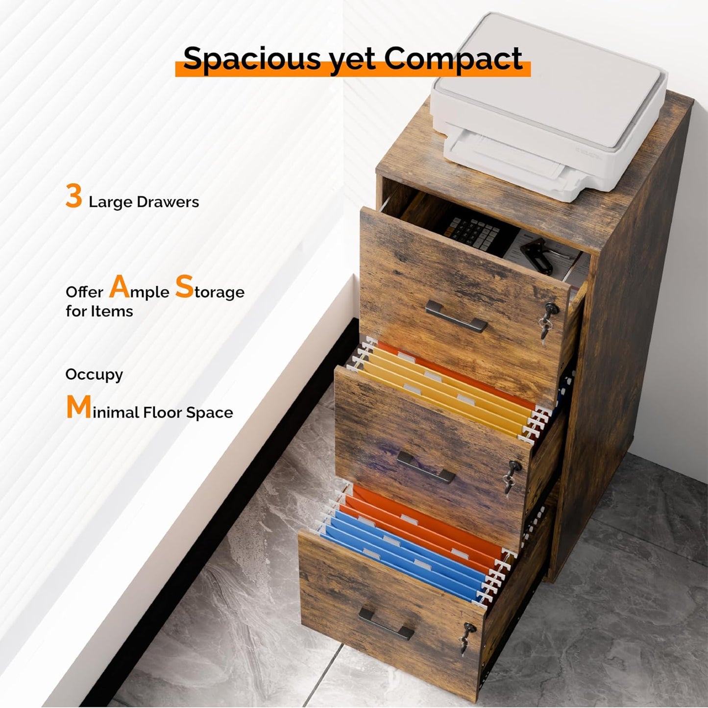 VINGLI 3 Drawer File Cabinet with Lock, Home Office Filing Organizer, for Letter Size File Folder Storage, Wood Tall Vertical Filing Cabinet, Printer Stand, Archivador (Rustic Brown)