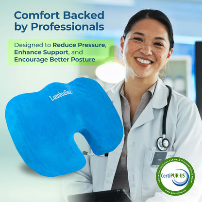 LuminaRest® Gel Enhanced Seat Cushion for Long Sitting – CertiPUR-US® Certified Memory Foam – Tailbone Pain Relief Cushion, Adaptable for Office, Car, Airplane & Wheelchair – (Blue)