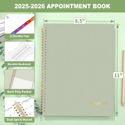 SUNEE 2025-2026 Appointment Book, Quarter-Hourly, Weekly & Monthly - from July 2025 to June 2026, 8.5"x11" Academic Planner, Flexible Cover, Note Pages, Pockets, Bookmark, Spiral Binding, Sage Green