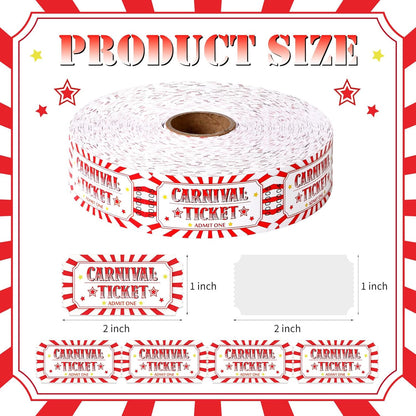 1000 Pcs Carnival Tickets Carnival Theme Party Decorations Circus Red White Color Raffle Tickets Roll Party Ticket for Events Carnival Favors Supplies