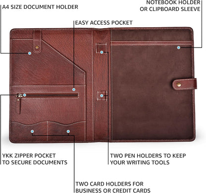 Genuine Leather Portfolio – Red Brown Professional Organizer & Resume Folder, Antique Leather Business Document Padfolio with Writing Pad, Ideal Gift for Men & Women