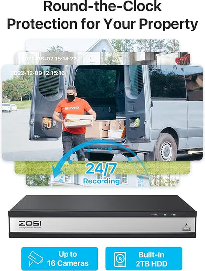 ZOSI 16 Channel Security Camera System 1080p, 2MP H.265+ Hybrid 16CH DVR with AI Human Vehicle Detect, 16 x 1080p CCTV Dome Camera Outdoor, 80ft Night Vision, 90° View Angle, Remote Access, 2TB HDD