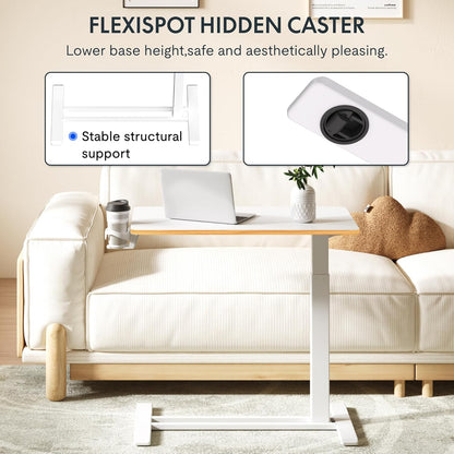 FLEXISPOT Mobile Standing Desk with Wheels Pneumatic Laptop Rolling Computer Cart Movable Height Adjustable Small Sit Stand Desk Computer Workstations Home Use（31.5" W x 17.7" D,White+Maple