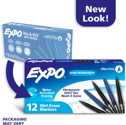 EXPO Wet Erase Markers, Semi-Permanent Markers, Blue, Ultra Fine Tip, 12 Count