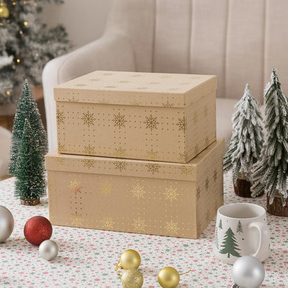 Soul & Lane Christmas Gift Boxes with Lids, Vintage Kraft Reusable Christmas Nesting Boxes for Presents, Decorative Cardboard Large Holiday Storage For Keepsakes and Snowflakes Decor, Set of 2