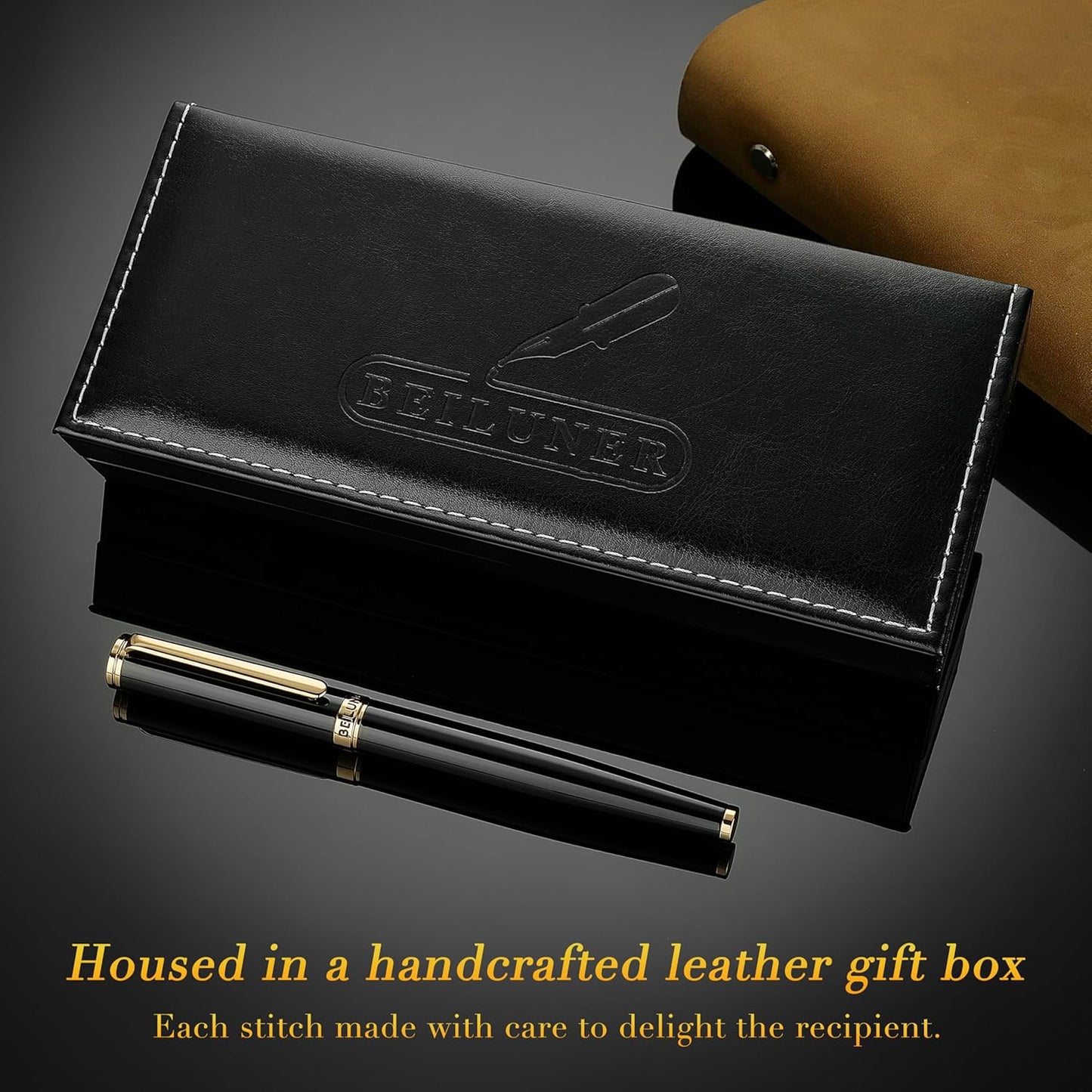 BEILUNER Black Fountain Pen,Stunning Luxury Pens with 24K Gold Accents, Gorgeous 24K Gilded Nib(Fine), Trustworthy Pen Gift for Men&Women -Ink Converter-Elegant, Reliable,Fancy Pen for Writing