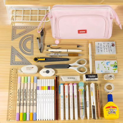 MAMUNU Pencil Case Pouch Large Capacity with Compartments, Pencil Case Pouch Bag with Zipper Handle for Teen Girls Adults Women, Portable Pen Bag Stationery Organizer for Office School Travel, Pink