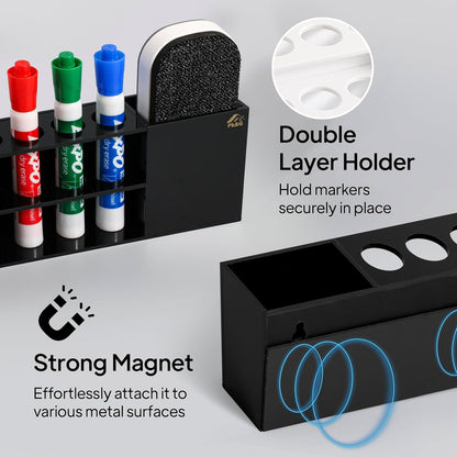 Pk&G Slim Magnetic Dry Erase Marker Holder for Whiteboard, Space Saving Pen Organizer with Glass and Wall Mount Accessories for Fridge, Office, and School. (Black)