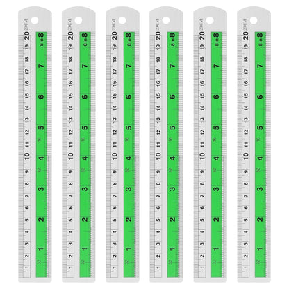 HARFINGTON 6pcs Metal Straight Ruler 20cm Metric SAE Aluminum Alloy Measuring Rulers Scale Tool with Hole for Measure Study Reading Classroom Office, Green