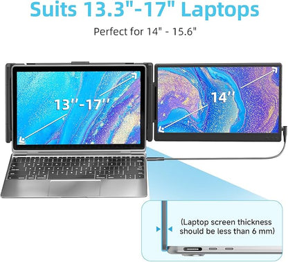 Laptop Screen Extender 14" - FHD 1080P IPS Laptop Monitor Extender Dual Screen, Portable Monitor for Laptops 13-17" with USB-C/HDMI Port, Built-in Speakers, Plug n Play for Mac, Win, Android