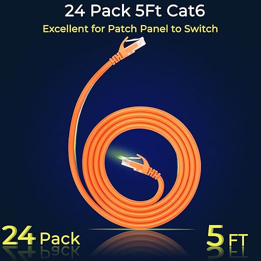 Rapink Patch Cables Cat6 5ft (24 Pack), Ethernet Patch Cable 10G Support, Cat 6 Patch Cable for Patch Panel to Switch, Flexiable Cat 6 Ethernet Cable with Gold Plated Orange