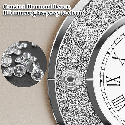 COSVALVE Mirror Wall Clock with Crystal, 24 Inch Large Silver Glass Clock for Wall Living Room, Big Decorative Wall Clock with Crushed Diamond Decor, Luxury Bling Wall Decor