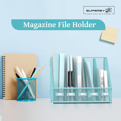 SUPEASY Desk Organizers Metal Desk Magazine File Holder with 5 Vertical Compartments Rack File Organizer for Office Desktop, Home Workspace, Blue