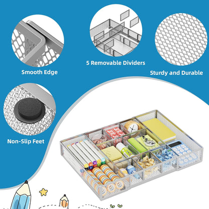 Marbrasse Expandable Desk Drawer Organizer, Mesh Tray with 10 Adjustable Compartments, Desk Organizers for Office Supplies, Makeup & Vanity (Expandable-Silver)