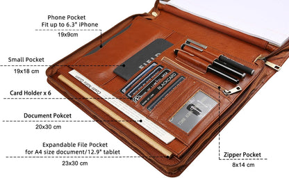 Personalized Leather Portfolio Organizer for IPad/Document, Business Padfolio with A4 Leather Notepad Holder, Custom Leather Compact Folder Conference Portfolio for Men and Women, Oil-Brown