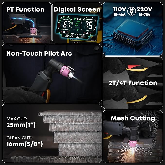 SILATU 75Amps Plasma Cutter, STC750P HF Non-Touch Pilot Arc Plasma Cutter Machine, 110/220V Dual Voltage Large LED Display Air Sensor Technology, 1'' Max Cutting Thickness, PT/2T/4T for Beginners DIY
