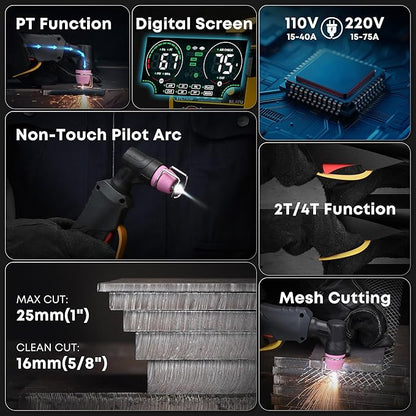 SILATU 75Amps Plasma Cutter, STC750P HF Non-Touch Pilot Arc Plasma Cutter Machine, 110/220V Dual Voltage Large LED Display Air Sensor Technology, 1'' Max Cutting Thickness, PT/2T/4T for Beginners DIY