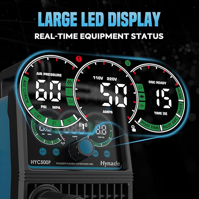 Plasma Cutter with Large LED Display, [Non-Touch Pilot Arc] [Air Sensor] hynade 50A Plasma Cutter Machine 110/220V Dual Voltage, IGBT Inverter, 1/2'' Clean Cut, 2T/4T for Beginners DIY(User Manual)