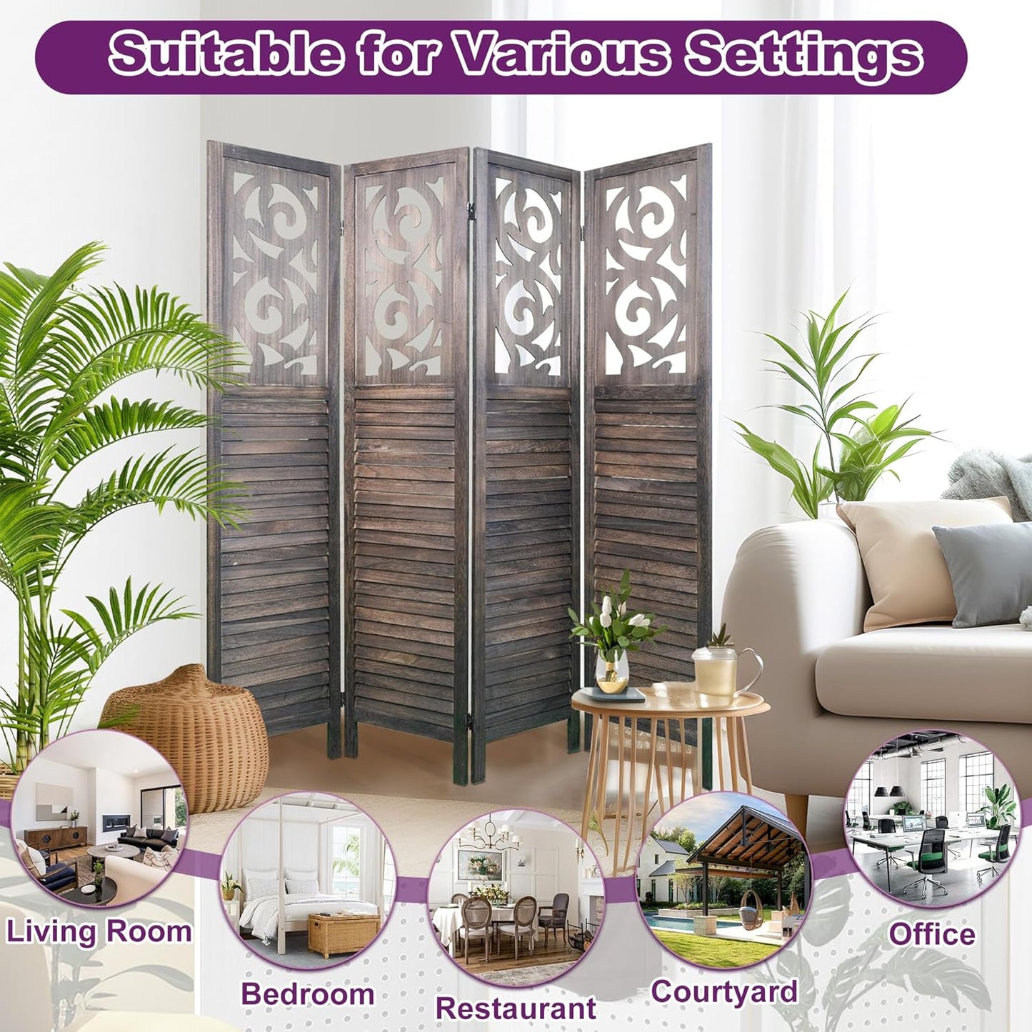 Room Divider, 5.6FT Folding Room Divider Panel, 4 Panel Craved Wood Partition Wall Divider for Room Separation, Rustic Brown