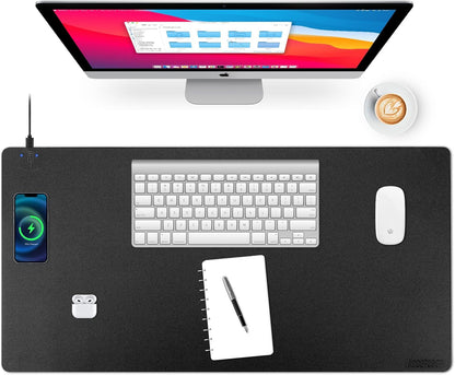 Wireless Charging Desk Mat with Desk Pad for Desktop Charging Large Mouse Pad Waterproof Leather Computer Mat Mouse Pad Non-Slip Protector on Top of Desks for Keyboard and Mouse (black-l, 32*16inch)