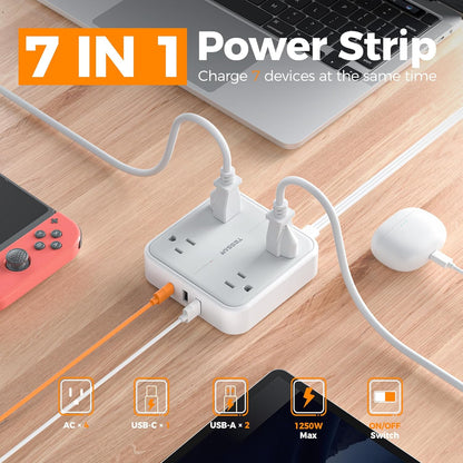 Surge Protector Power Strip, TESSAN Ring Pull Flat Plug Extension Cord 10 Ft with 3 USB (1 USB C) 4 Outlets, 900 Joules Protection, Desktop Charging Station for Home, Office, College, Dorm Room, Gray