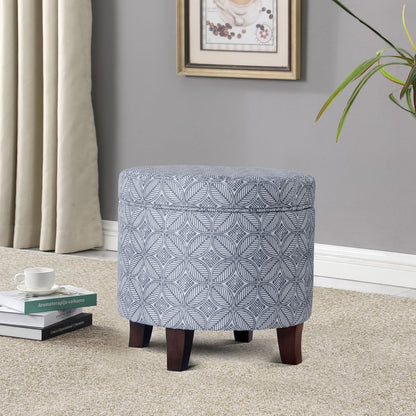 HomePop Upholstered Round Storage Ottoman|Homepop Home Décor|Upholstered Round Foot Rest Ottoman -Blue Indigo Print