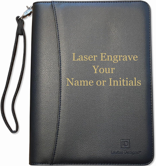 Customized Matt Black Zippered Portfolio Binder with Junior Legal 5x8 Notepad - Engraved PU Leather Business Padfolio Organizer Folder with 8" Tablet Sleeve & Gift Box by Lautus Designs