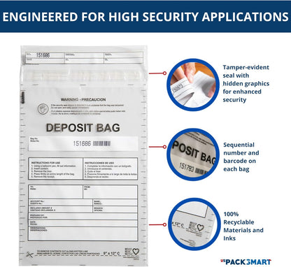 Clear Plastic Deposit Bags 9"x12" | Secure Bank Deposits, Cash Handling or Safe Currency Transportation | Sequential Barcodes | Tamper-Evident | Tear-Off Receipt for Security | 100-Pack