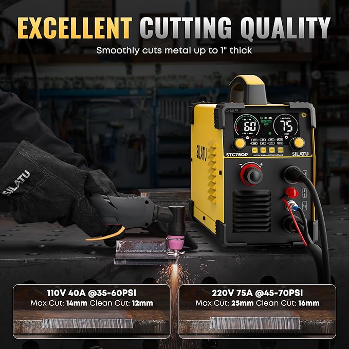 SILATU 75Amps Plasma Cutter, STC750P HF Non-Touch Pilot Arc Plasma Cutter Machine, 110/220V Dual Voltage Large LED Display Air Sensor Technology, 1'' Max Cutting Thickness, PT/2T/4T for Beginners DIY
