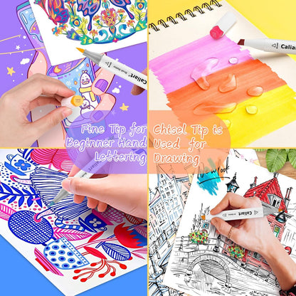 Caliart 24 Colors Fine & Chisel Permanent Alcohol Markers, Dual Tip Artist Sketch Art Markers Set for Adult Coloring Book, Aesthetic Cute School Supplies, Pens for Drawing Coloring Illustrations
