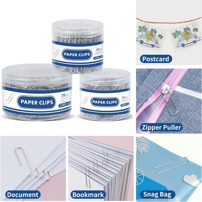 1800 Paper Clips Assorted Sizes Large, Medium and Small, Durable and Rustproof, Paperclips for Office School and Personal Use, Office Supplies Document Organizing (50mm, 33mm, 28mm) (Silver)