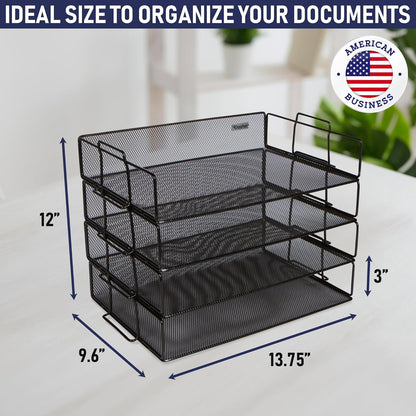 Stackable Paper Tray Desk Organizer, 4-Tier Metal Mesh Letter Organizers for Business, Home, School, or Store Use, Organizes Files, Folders, Letters, Paper, Binders, Multi-Functional Desktop Storage