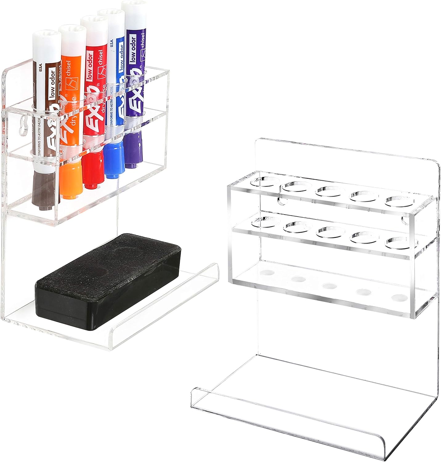 MyGift Wall Mounted Clear Acrylic Dry Erase Marker Holder Organizer for 5 Markers and Eraser, Hanging Whiteboard Accessories Rack for Office Home Dorm Classroom Meeting Room, Set of 2