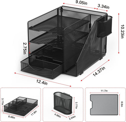 Desk Organizer with Hanging File Holder, Paper Letter Tray Organizer with Drawer and Pen Holder, Mesh Desktop Organizer and Storage for Office Supplies(Black)